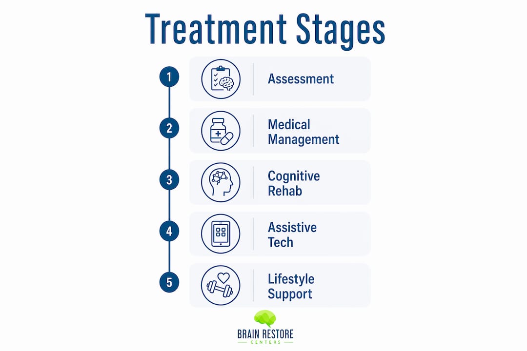 Infographic outlining stages of cognitive dysfunction treatment
