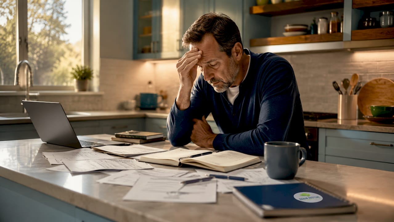 Man pausing from work in cluttered home office