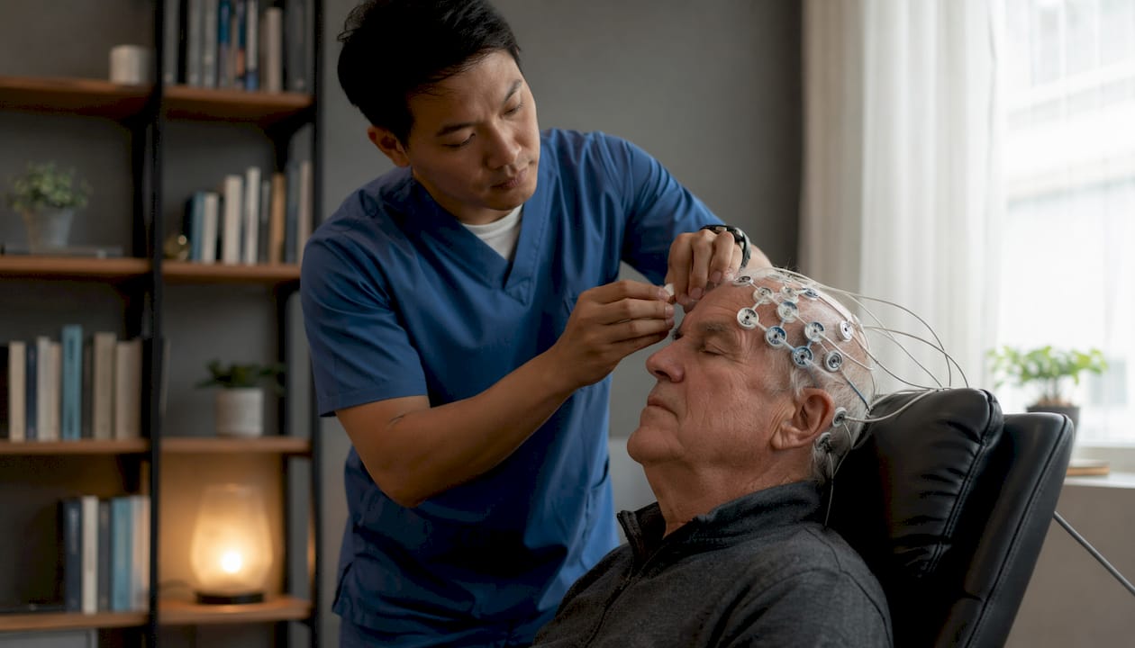 Hands applying qEEG electrodes on patient's head
