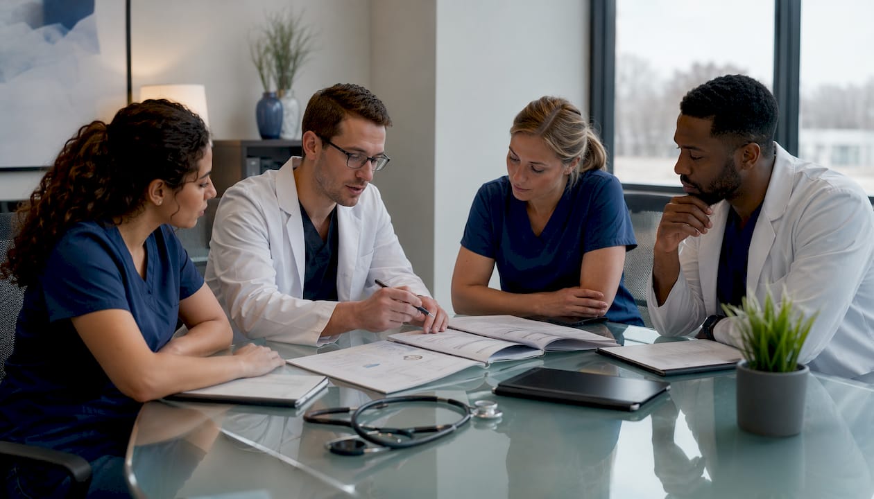 Healthcare team in clinic meeting room