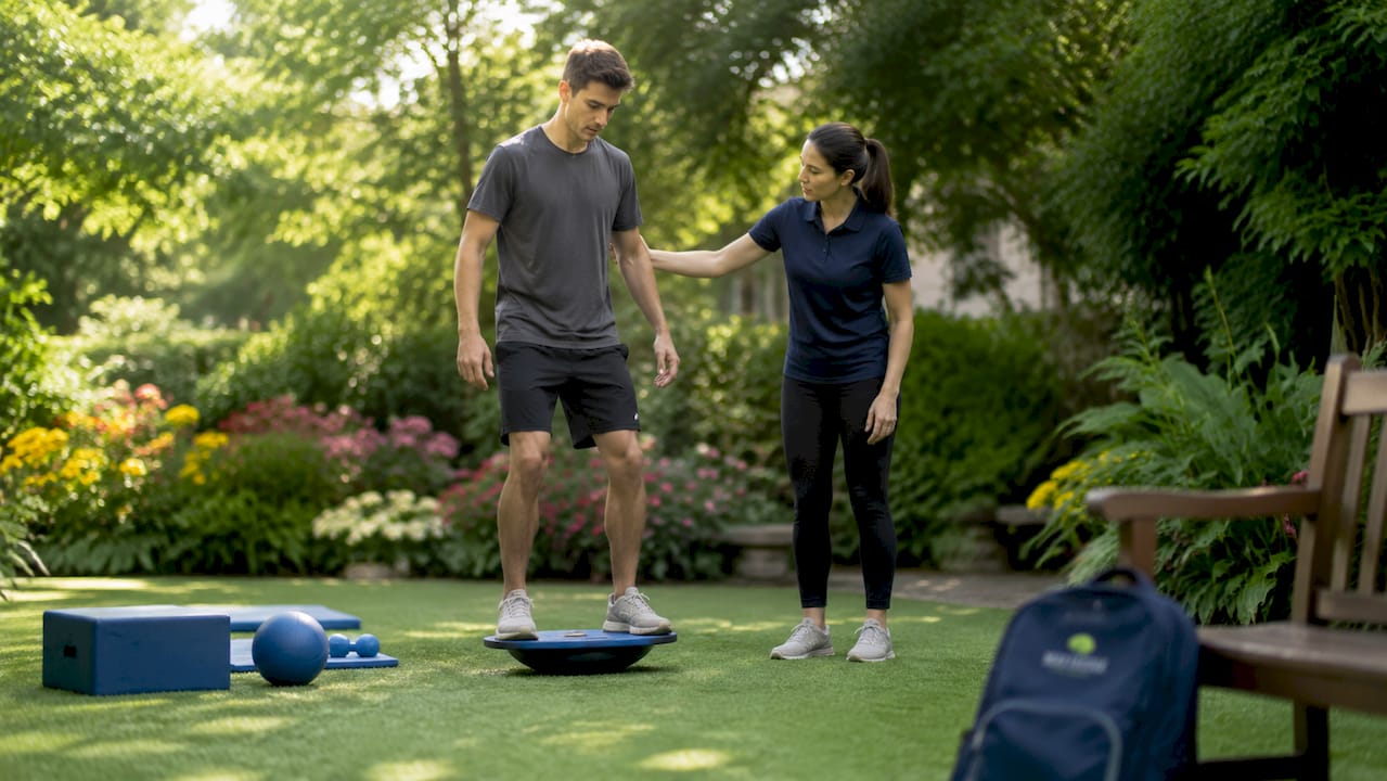 Physical therapist guiding balance exercises