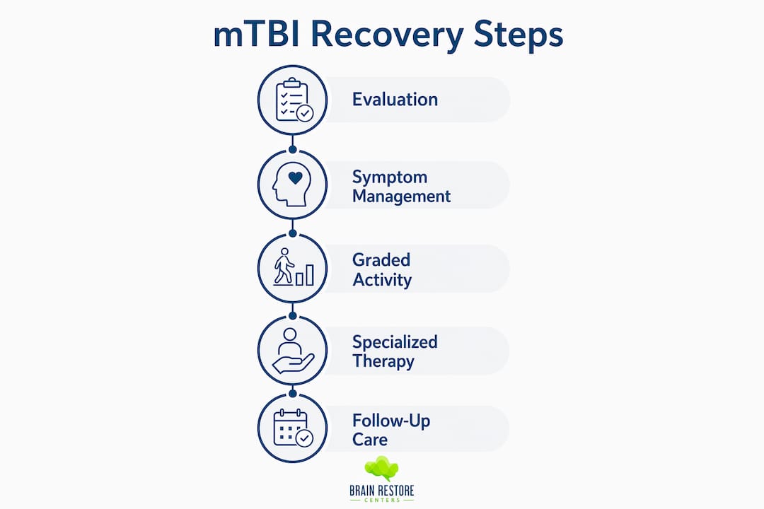 Infographic illustrating mild traumatic brain injury recovery steps
