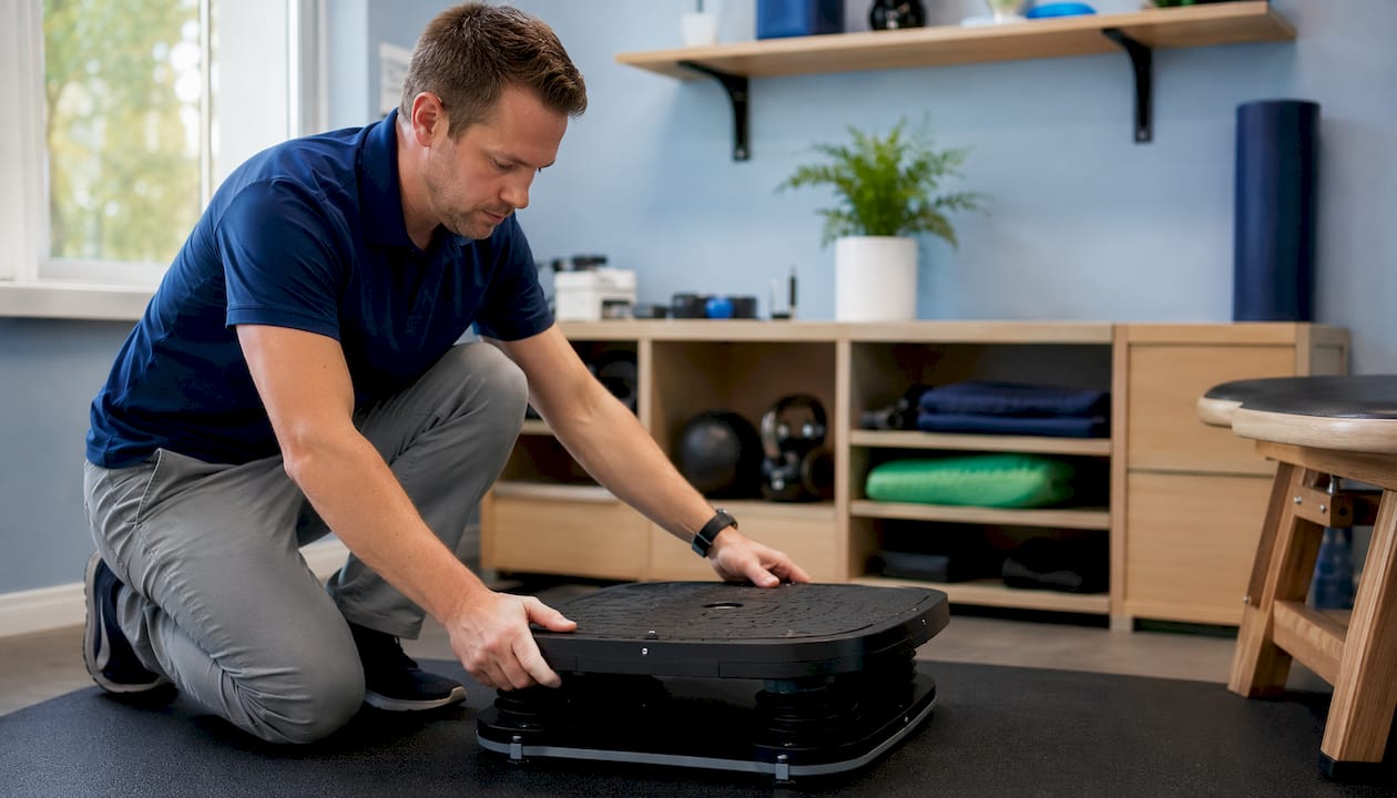 Hands adjusting balance evaluation equipment
