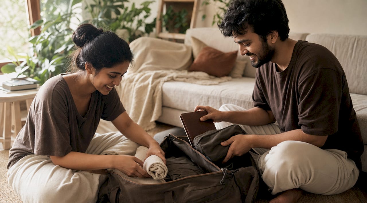 Couple packing for a shared trip indoors