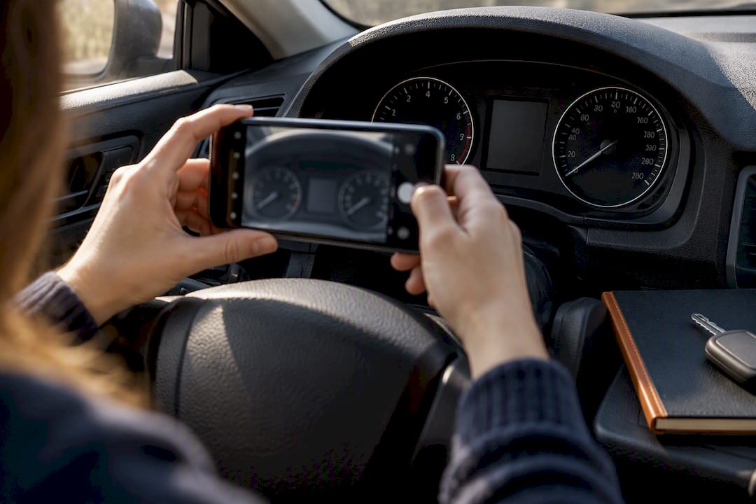 Hands photographing an anonymous vehicle odometer