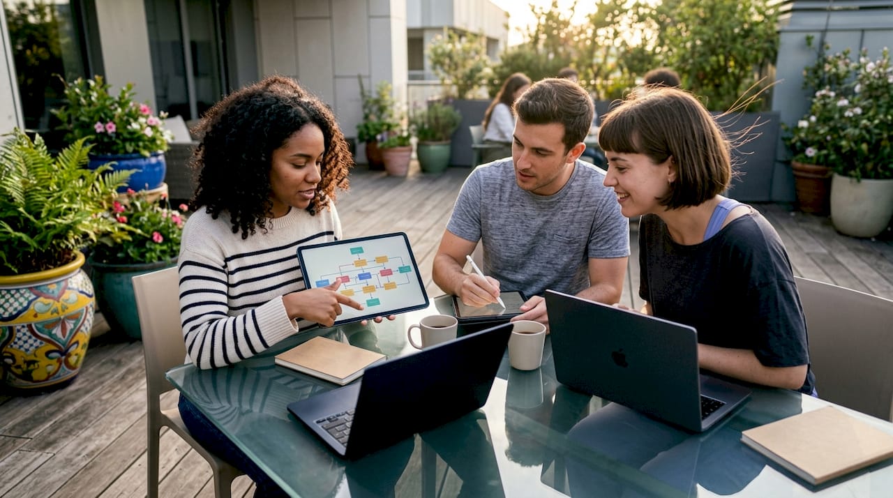 Team planning mobile app features in meeting