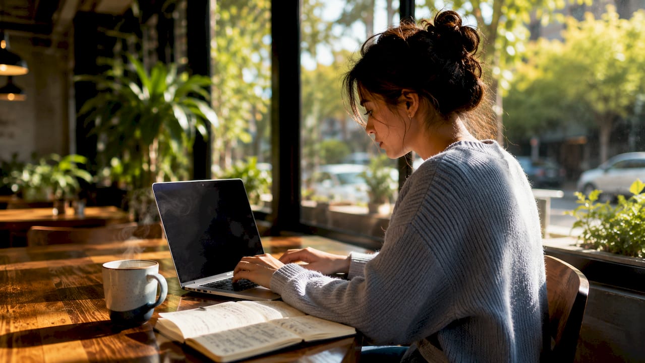 Hands typing at laptop with printed framework references