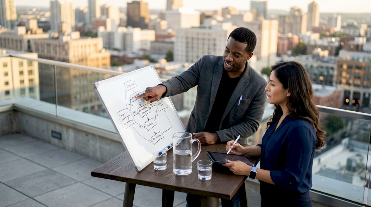 Two professionals discussing AI workflow components