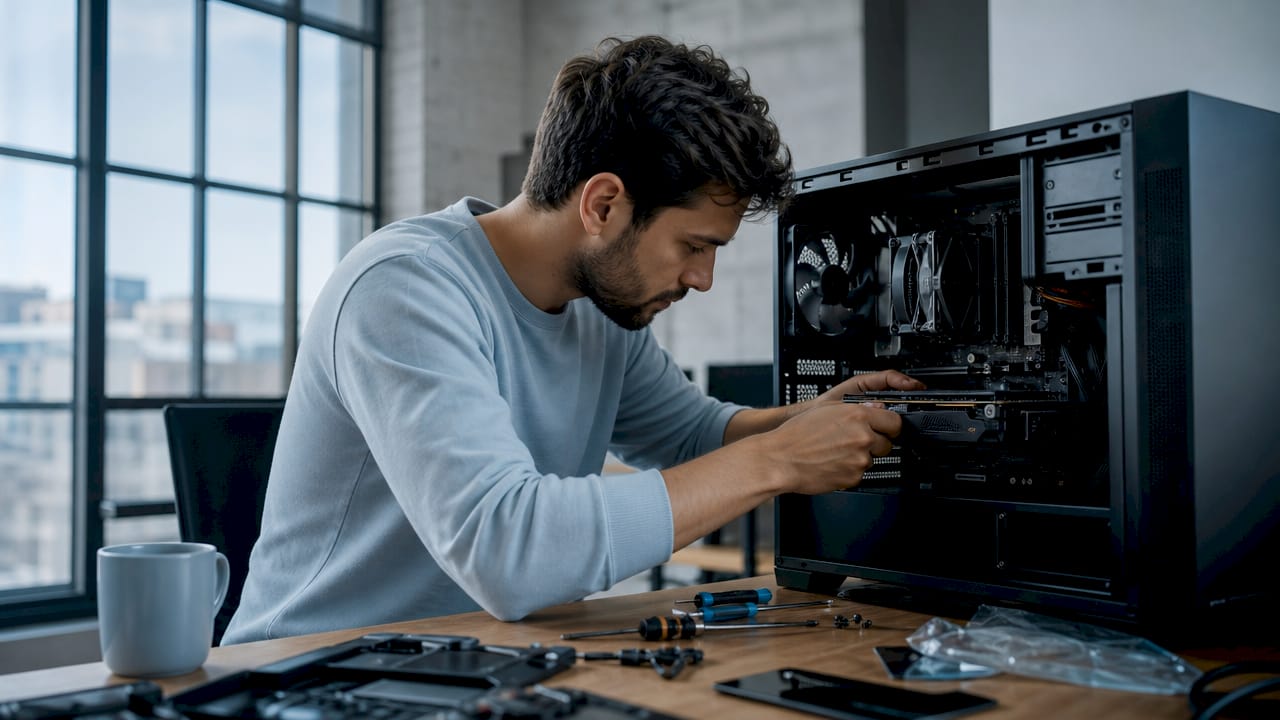 Engineer hands modifying PC hardware close-up
