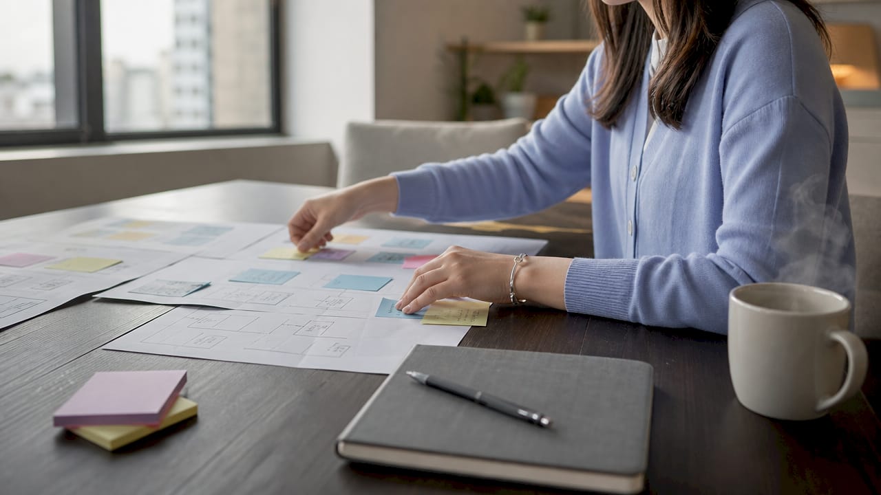 Hands arranging sticky notes for user flow mapping
