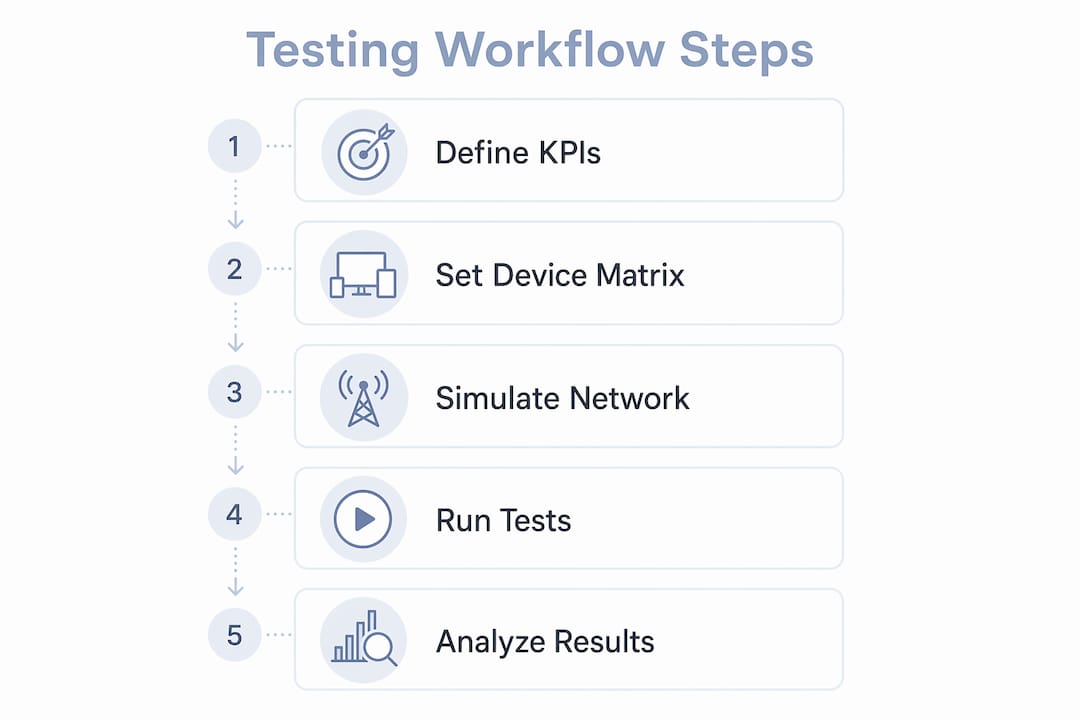 Infographic illustrating mobile app testing workflow steps