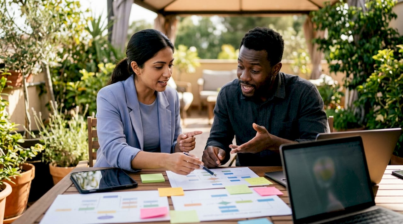 Developers collaborating on Flutter app architecture at table