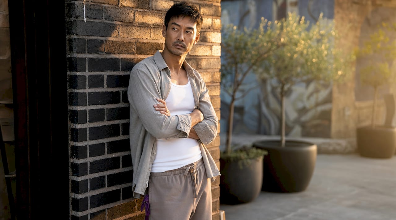 Side profile of man in gym streetwear in studio
