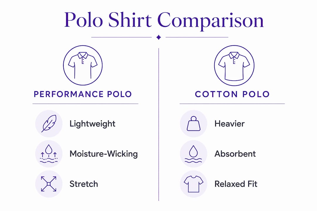Infographic comparing performance and cotton polo shirt features