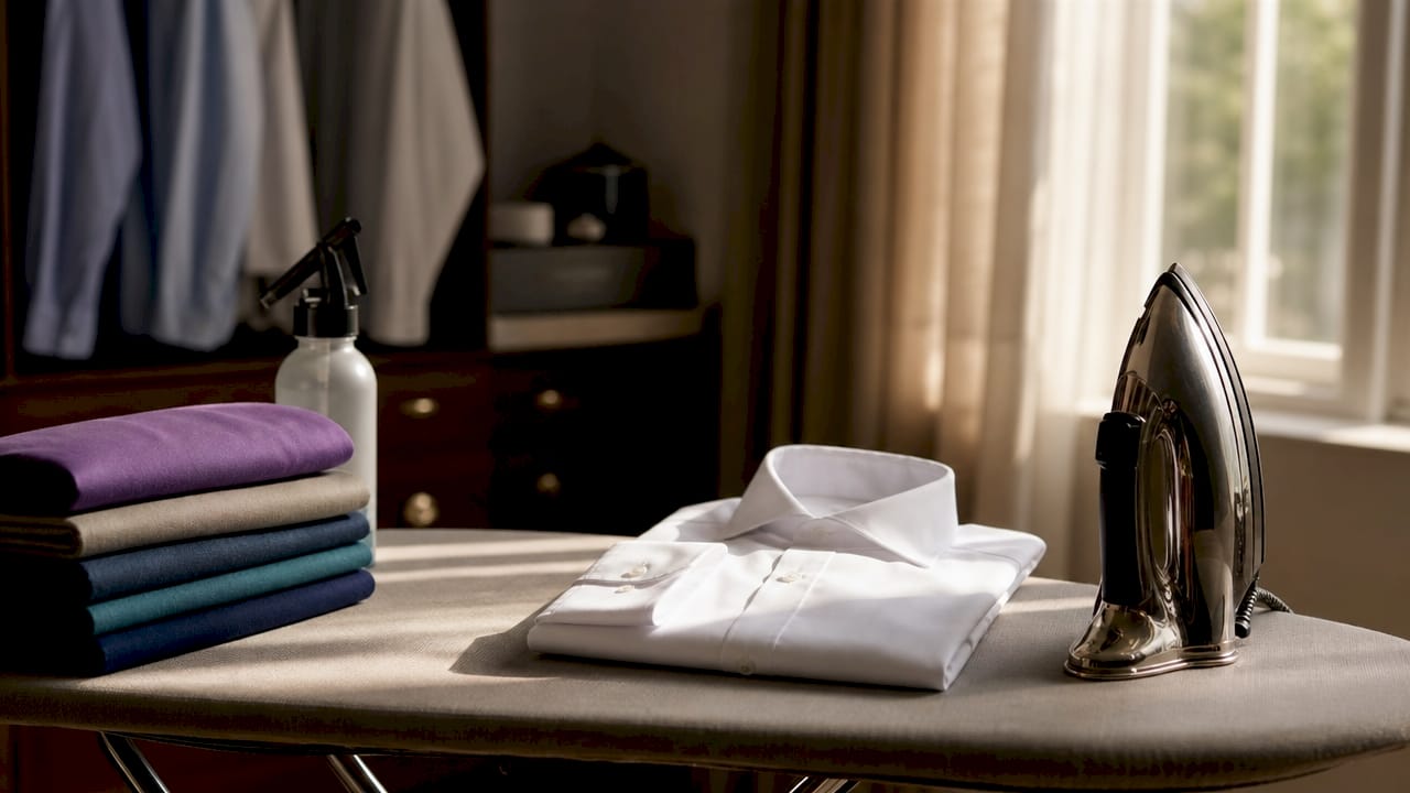 Close-up of steam iron and spray starch bottle