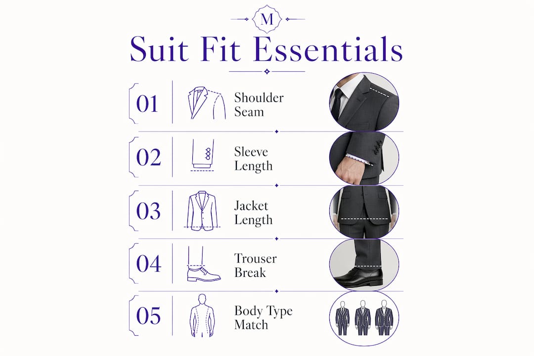 Infographic showing key suit fit areas for men