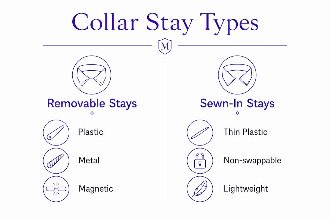 Infographic comparing removable and sewn-in collar stays types