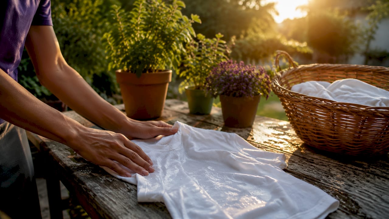 Hands holding damp cotton t-shirt fabric