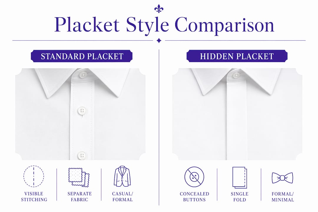 Infographic comparing standard and hidden placket styles