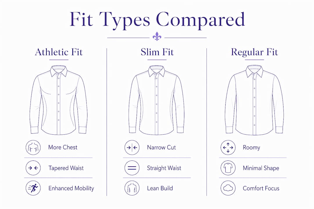 Infographic comparing athletic, slim, and regular shirt fits