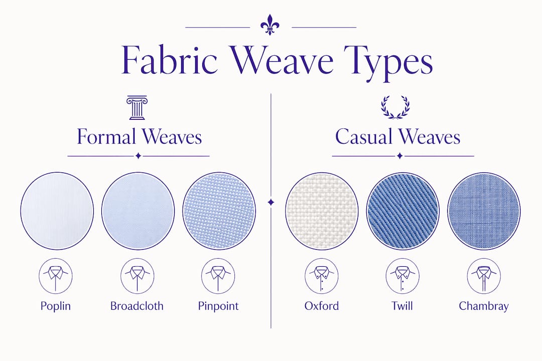 Infographic comparing formal and casual dress shirt fabric weaves
