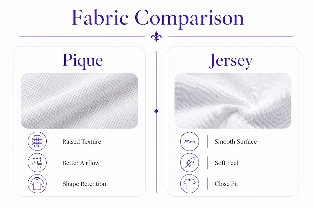 Infographic comparing pique and jersey polo fabrics