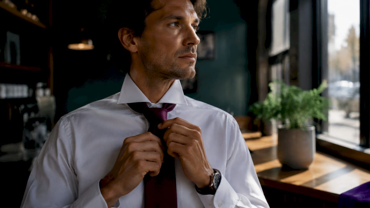 Hands tying Windsor knot on spread collar shirt
