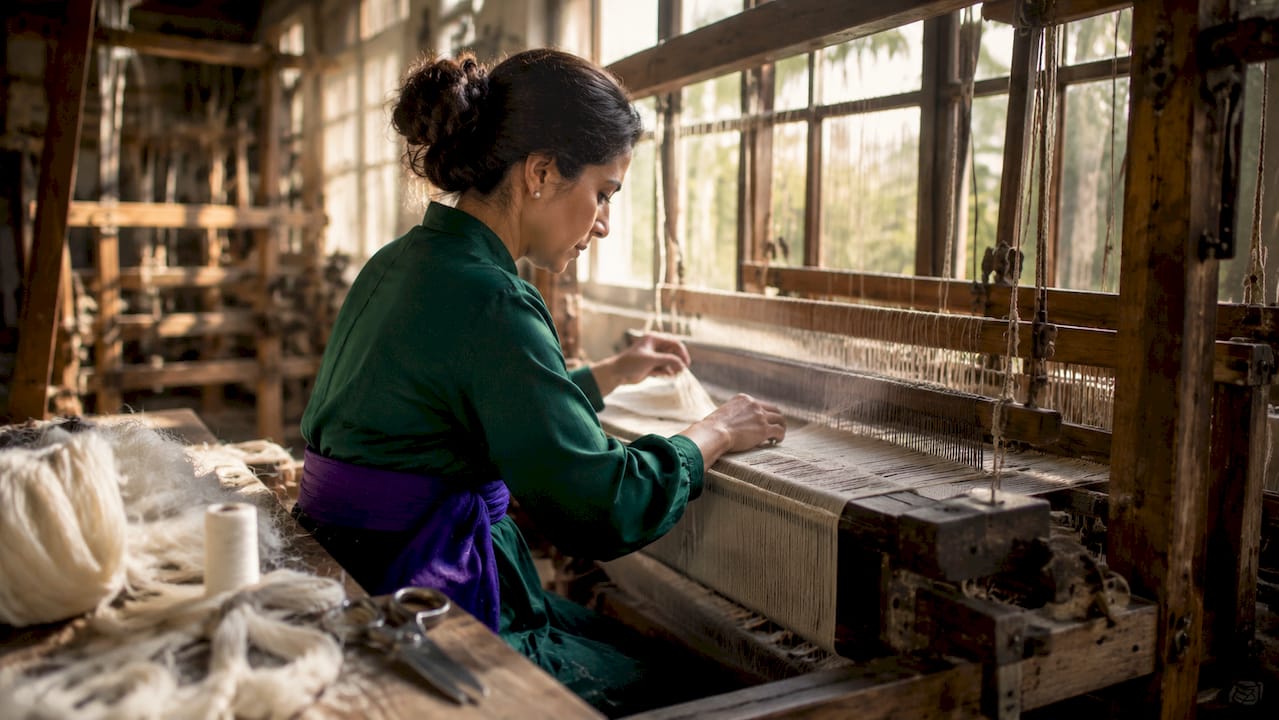 Hands weaving fine Egyptian cotton yarn