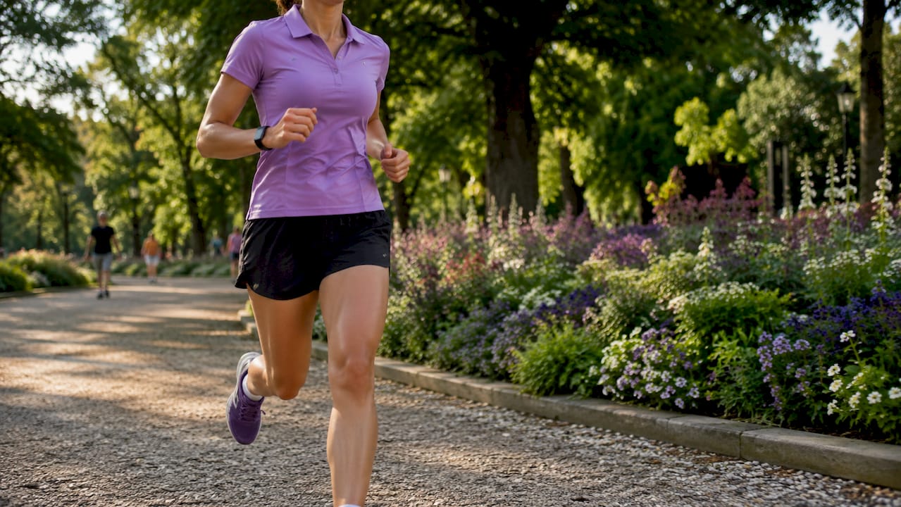 Female runner in white polo collar athletic shirt