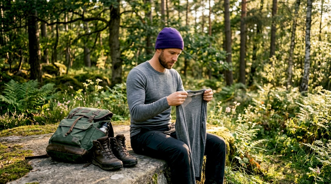 Hands arranging merino wool base layer shirt indoors