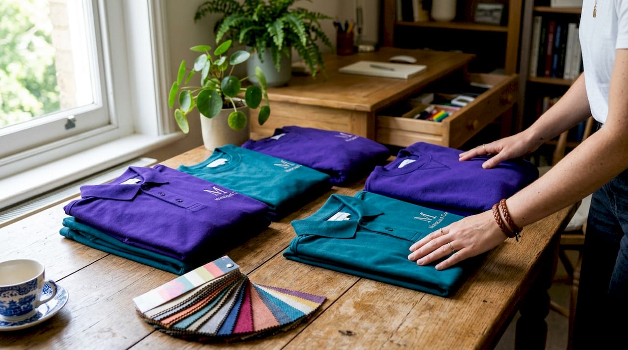 Hands arranging custom logo polo shirts on table overhead