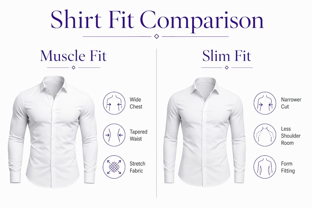 Infographic comparing muscle fit and slim fit shirts