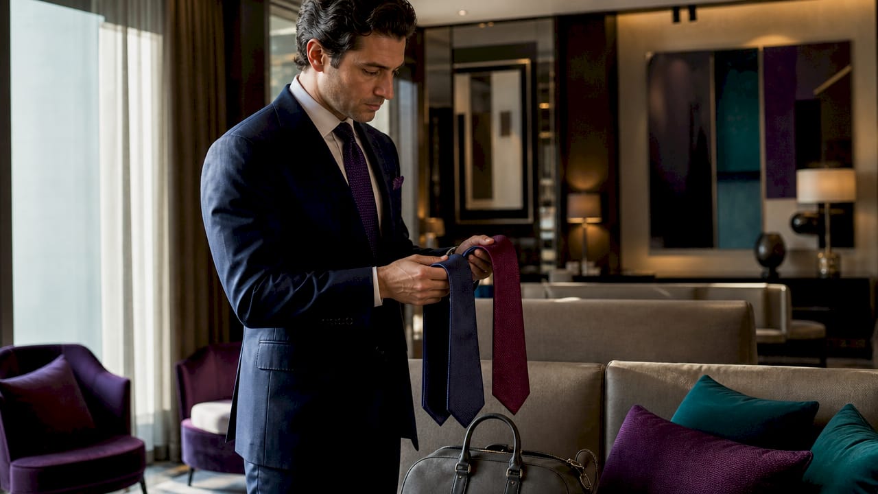 Hands arranging navy and burgundy silk ties