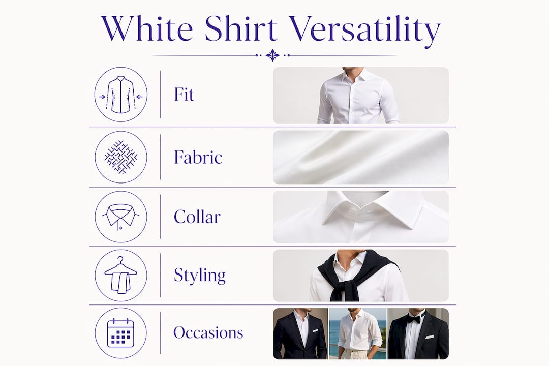 Infographic showing white dress shirt versatility factors