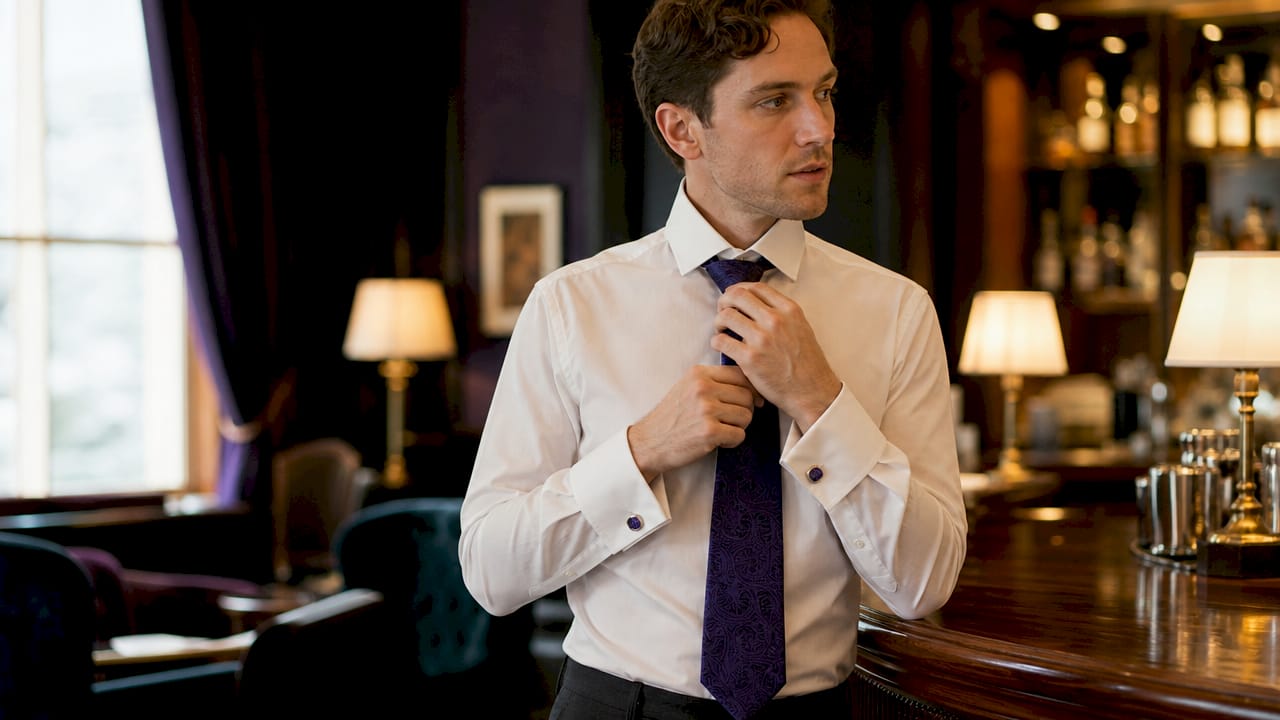 Man adjusting tie wearing white dress shirt