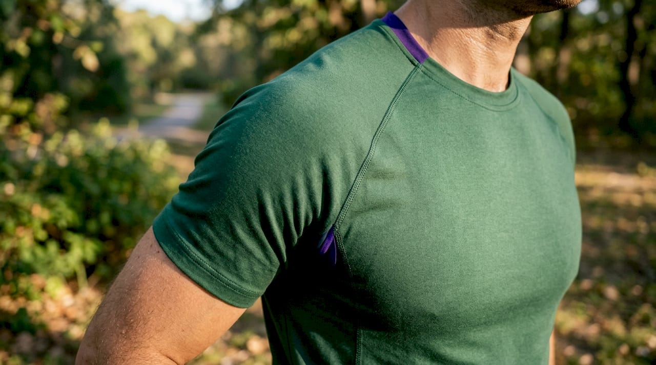Close-up of raglan sleeve and shoulder seam detail