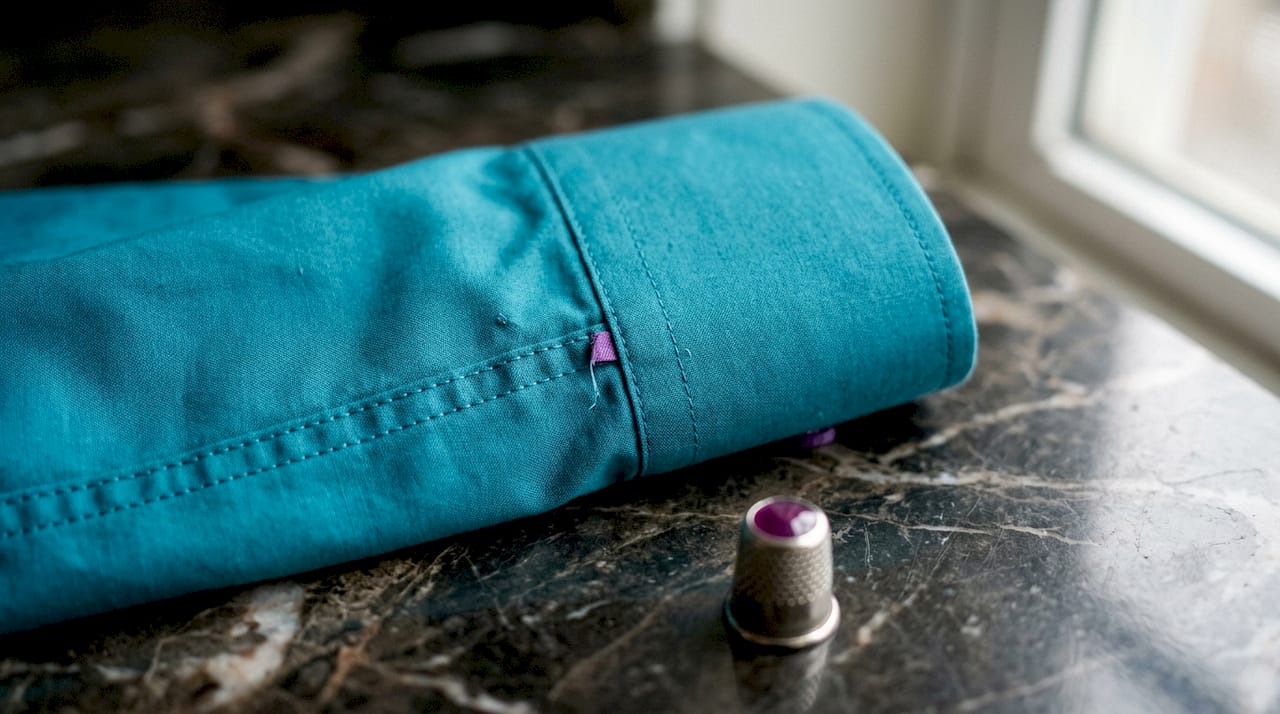 Close-up of single and double needle stitching on shirt