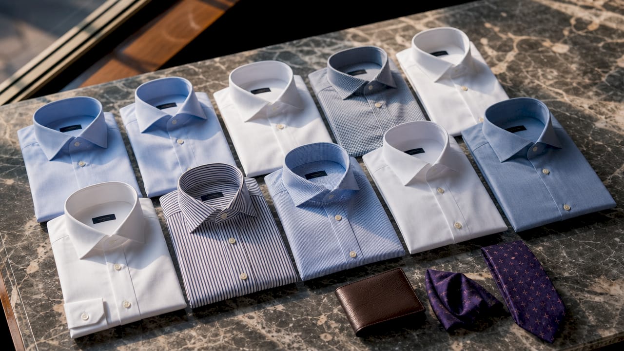 Flat lay of ten men's dress shirts with different collars