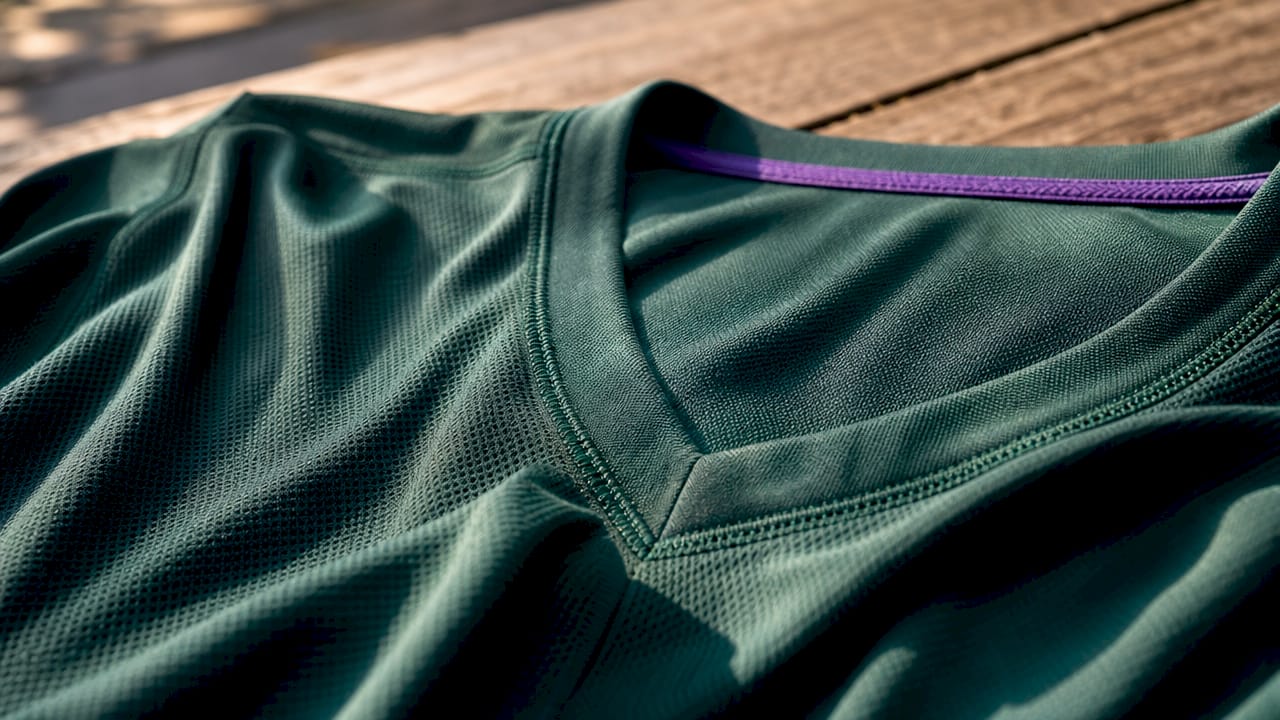 Close-up fabric texture of athletic V-neck shirt