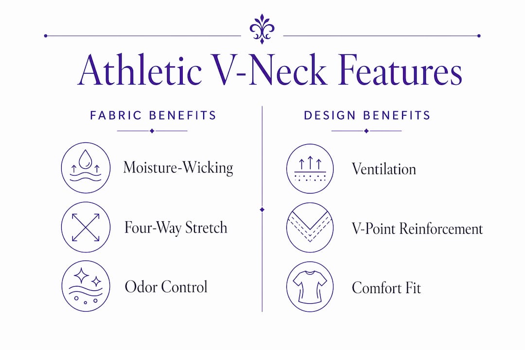 Infographic comparing fabric and design benefits of athletic V-necks
