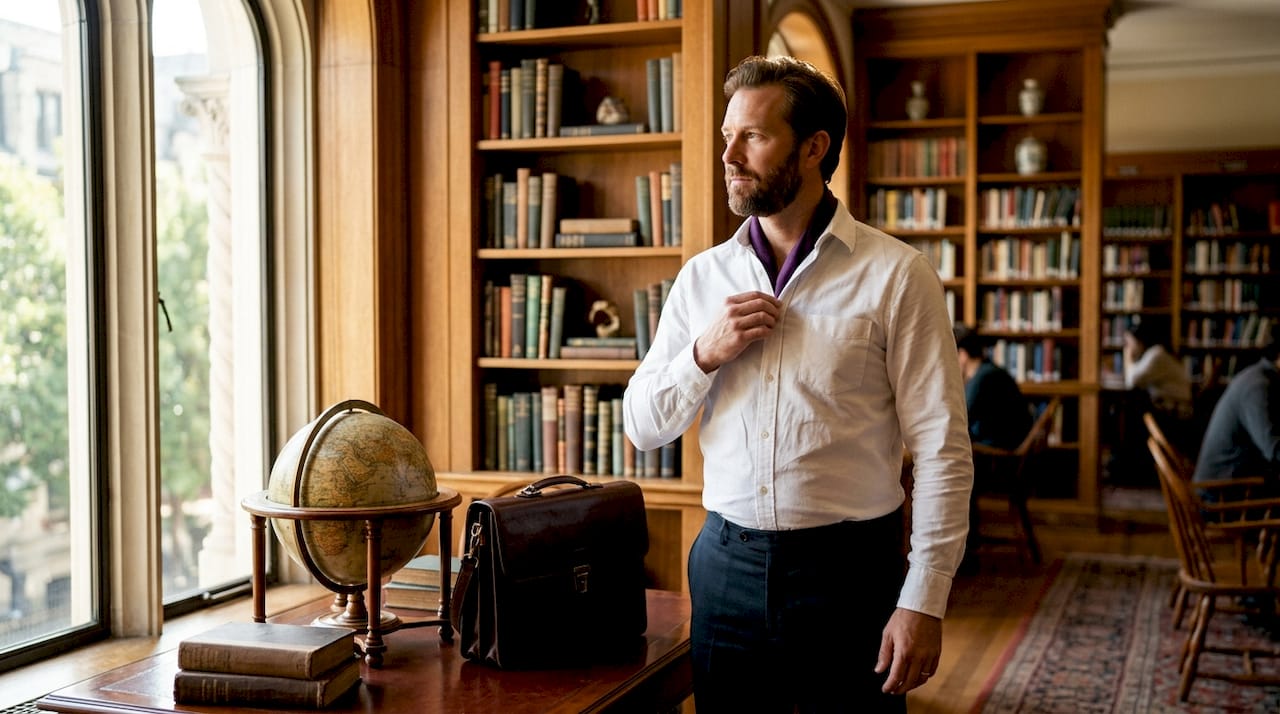 Hands buttoning white Oxford shirt in home office