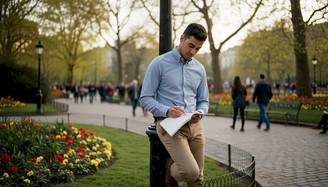 Young man wearing OCBD shirt sitting on park bench