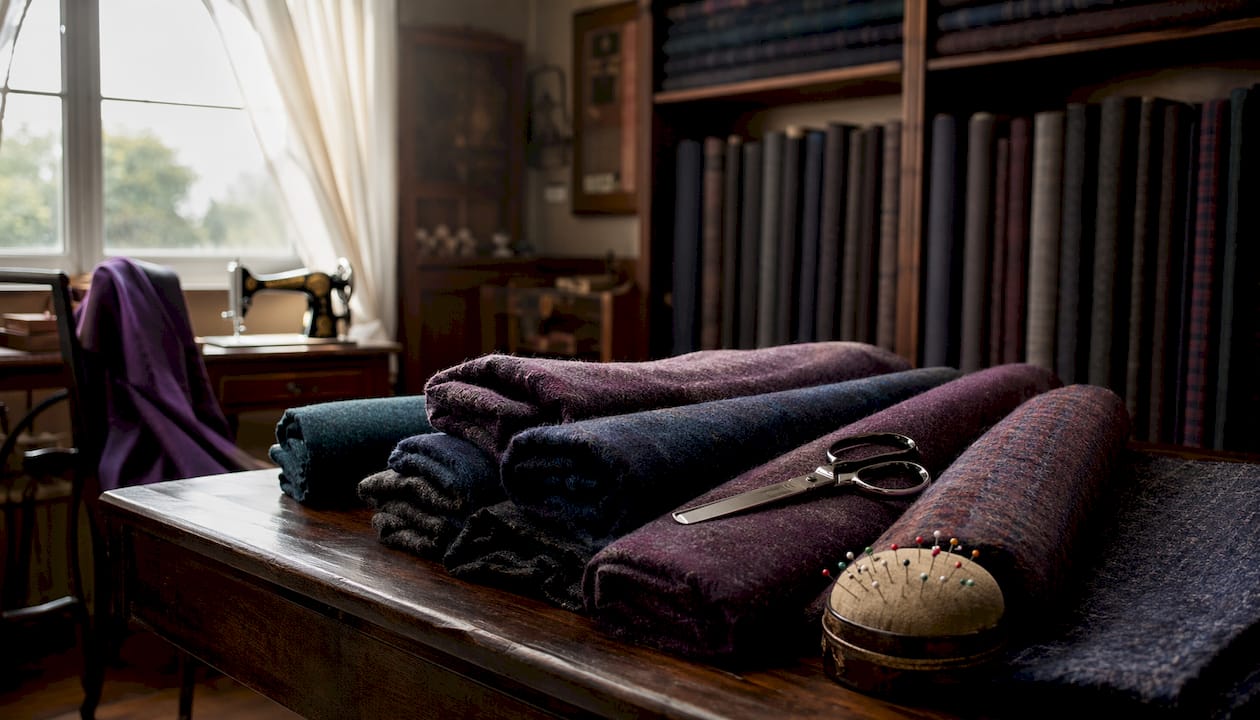 Cashmere wool fabric with tailoring tools