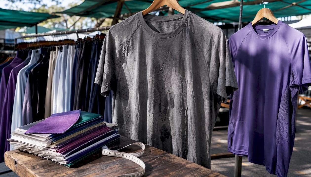 Overhead view of cotton and synthetic workout shirts