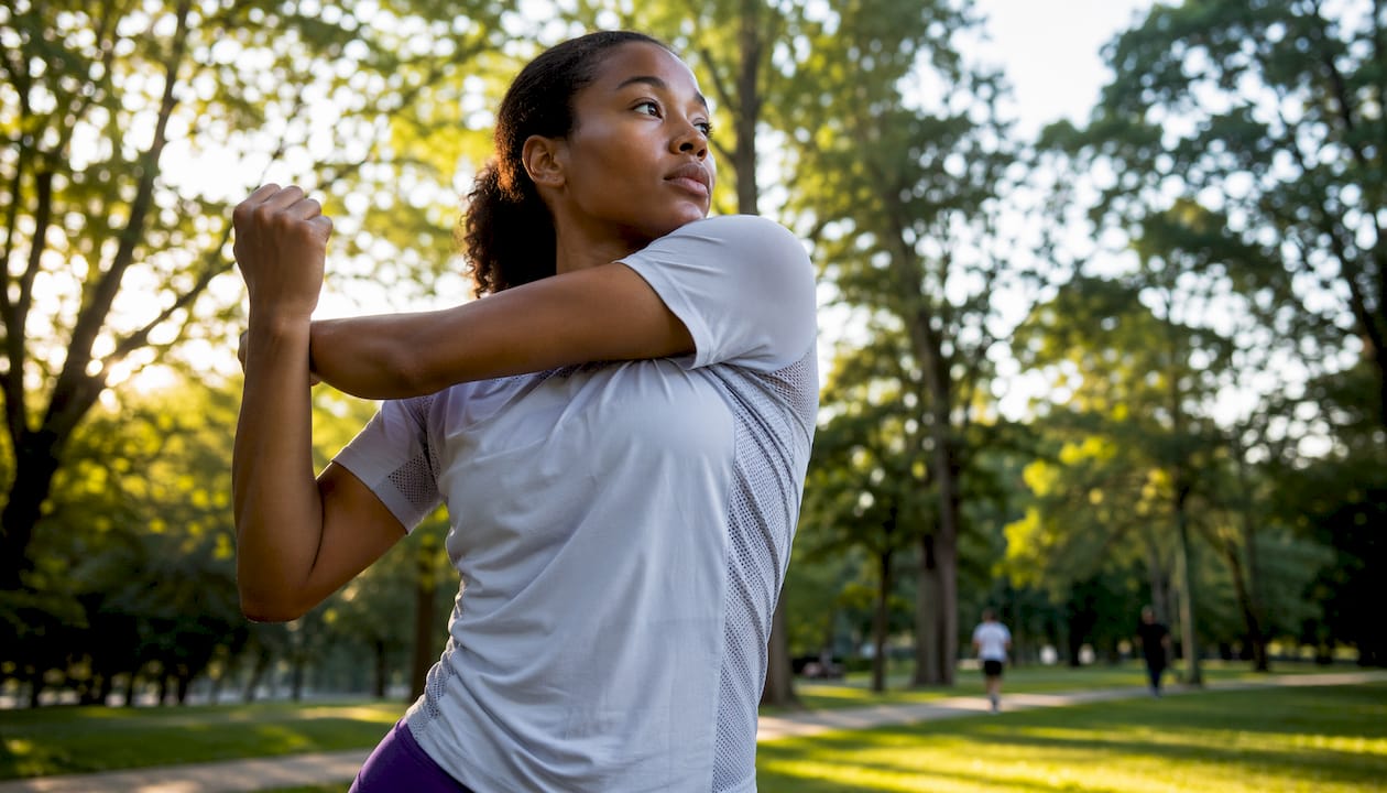 Female athlete stretching in vented shirt indoors