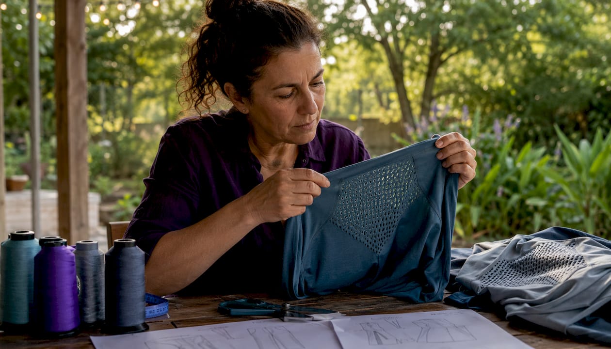 Textile engineer inspecting mesh vent fabric