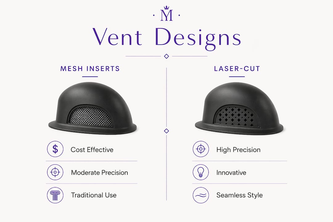 Infographic comparing mesh inserts and laser-cut vent designs