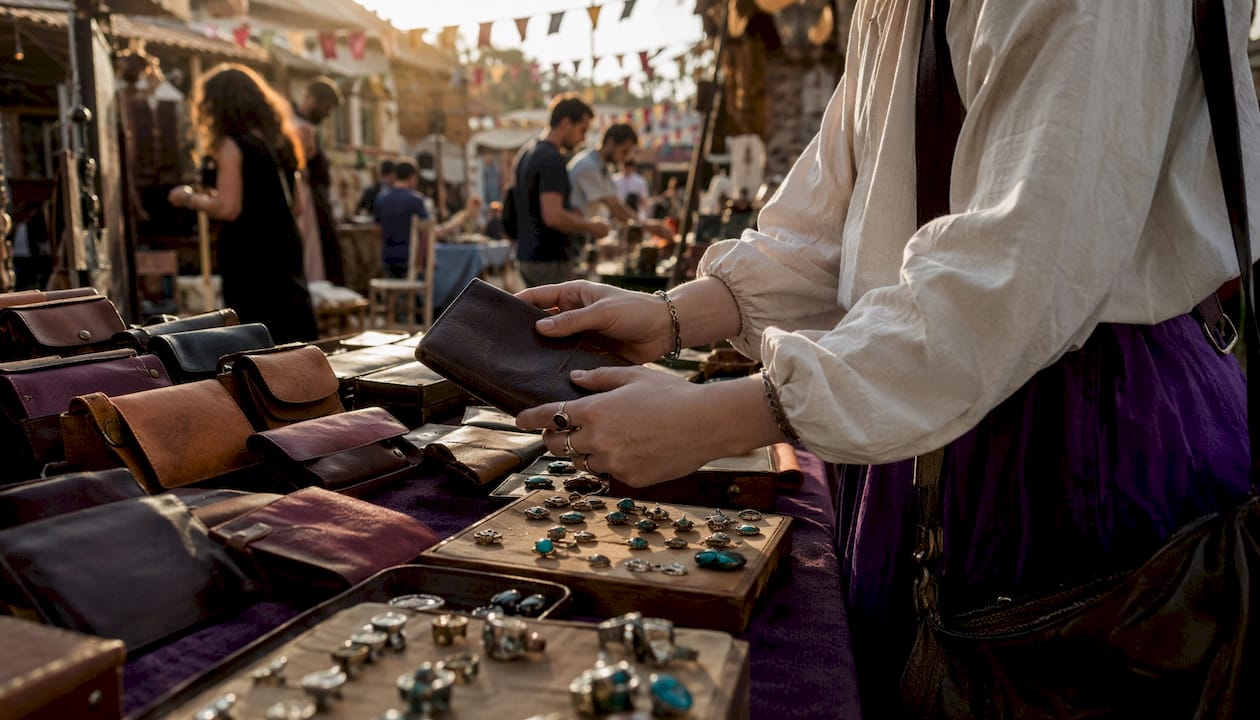 Hands with vintage handmade wallets and jewelry