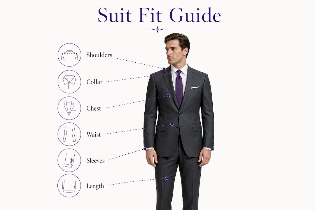 Infographic showing key steps for proper suit fit
