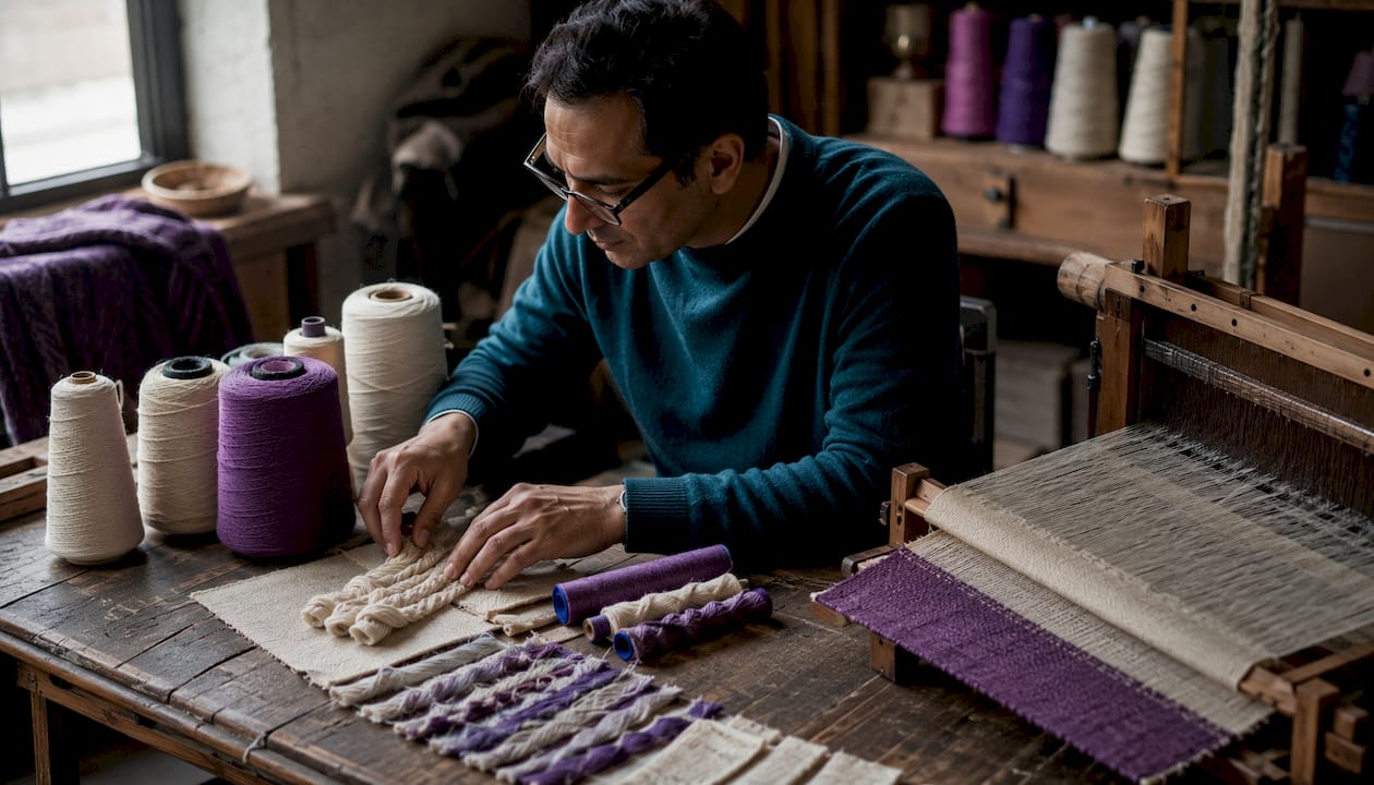 Hands showing yarn and woven fabric samples